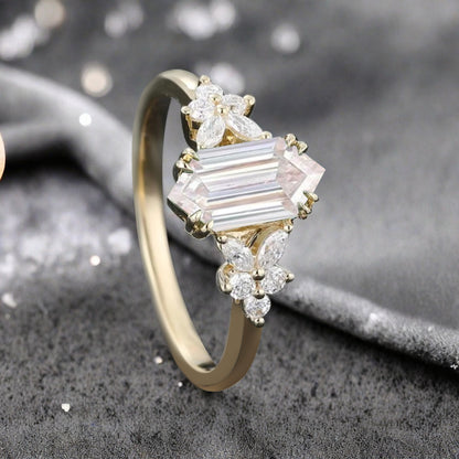 Vintage Hexagon Cut Moissanite Gemstone Engagement Ring Moissanite Side Stone Wedding Promise Ring