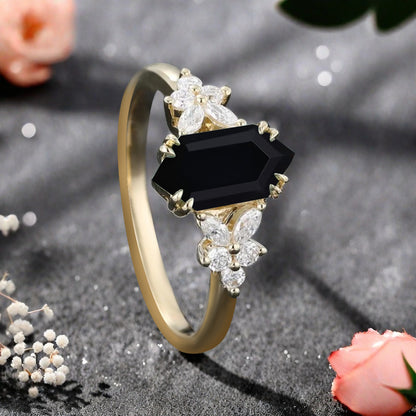 Bague de fiançailles vintage en saphir bleu-vert taille hexagonale Bague de promesse de mariage en saphir bleu-vert