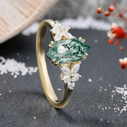 Vintage Hexagon Cut Moss Agate Gemstone Engagement Ring Moissanite Side Stone Wedding Promise Ring