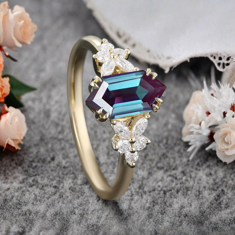 Bague de fiançailles vintage en saphir bleu-vert taille hexagonale Bague de promesse de mariage en saphir bleu-vert