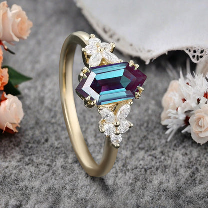 Bague de fiançailles vintage en saphir bleu-vert taille hexagonale Bague de promesse de mariage en saphir bleu-vert