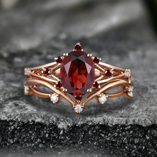 Vintage Oval Shape Ruby Engagement Ring Set Unique Ruby Gemstone Promise Bridal Ring Set Anniversary Gift