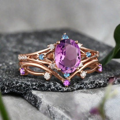 Bague de fiançailles vintage en forme de poire avec aigue-marine, ensemble de bagues de mariage uniques, cadeau d'anniversaire
