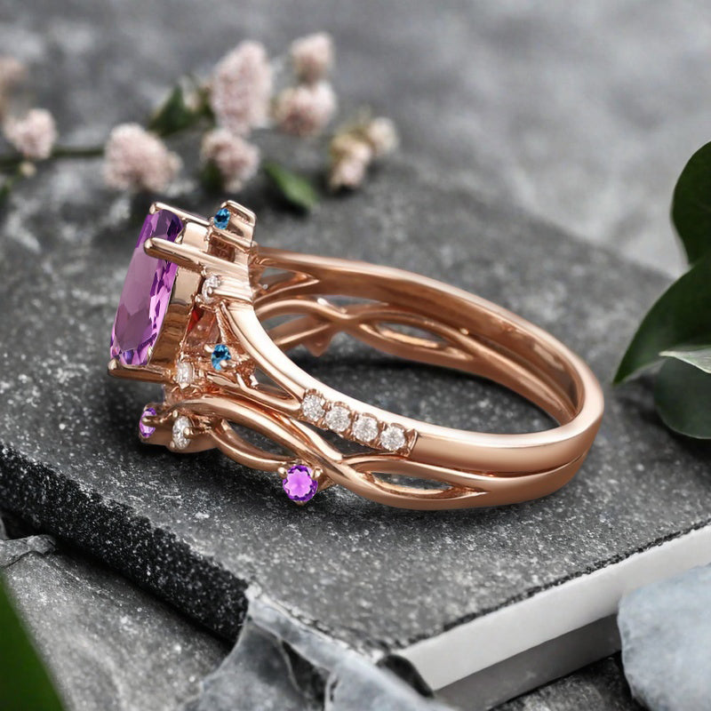 Bague de fiançailles vintage en forme de poire avec aigue-marine, ensemble de bagues de mariage uniques, cadeau d'anniversaire