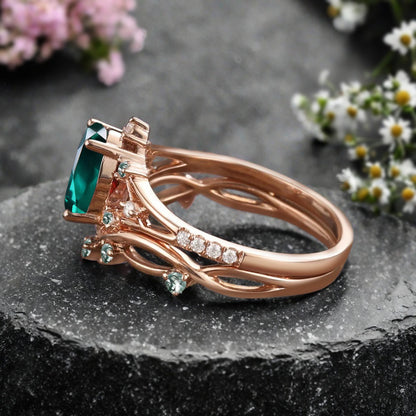 Vintage Birnenform Aquamarin Verlobungsring Set Unikat Versprechen Brautring Set Jubiläumsgeschenk