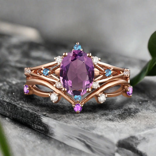 Vintage Oval Shape Amethyst Engagement Ring Set Unique Amethyst Gemstone Promise Bridal Ring Set Anniversary Gift