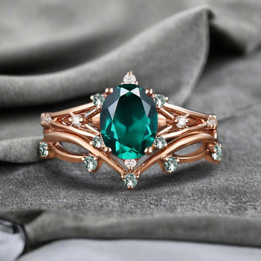 Vintage Oval Shape Emerald Engagement Ring Set Unique Emerald Gemstone Promise Bridal Ring Set Anniversary Gift