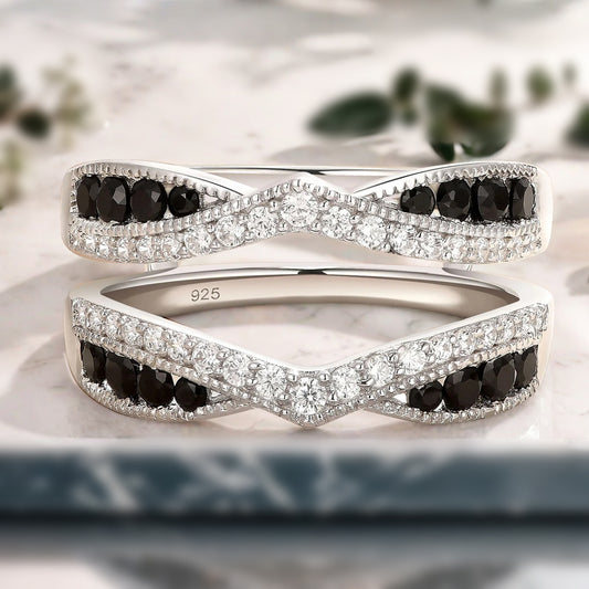 Enhancer ring Double curved wedding Band Moissanite ring Yellow gold Black Onyx stacking matching Bridal wedding Promise ring Anniversary