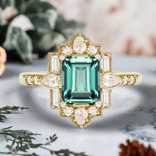 Tsavoite Emerald Cut Ring Art Deco Handmade Octagon Gemstone Engagement Ring Personalized Jewelry Gift