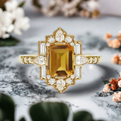Citrine Emerald Cut Ring Art Deco Handmade Octagon Gemstone Engagement Ring Personalized Jewelry Gift