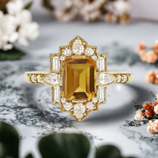 Citrine Emerald Cut Ring Art Deco Handmade Octagon Gemstone Engagement Ring Personalized Jewelry Gift