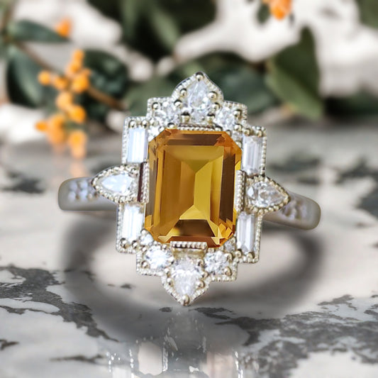 Citrine Emerald Cut Ring Art Deco Handmade Octagon Gemstone Engagement Ring Personalized Jewelry Gift