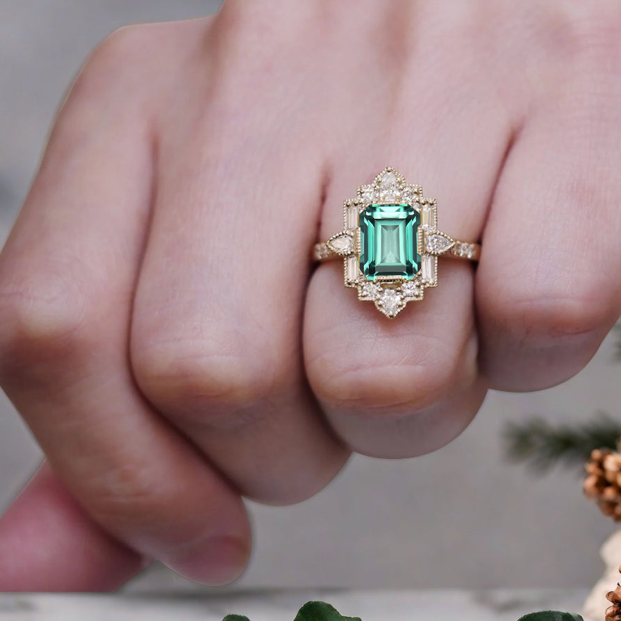 Tsavoite Emerald Cut Ring Art Deco Handmade Octagon Gemstone Engagement Ring Personalized Jewelry Gift