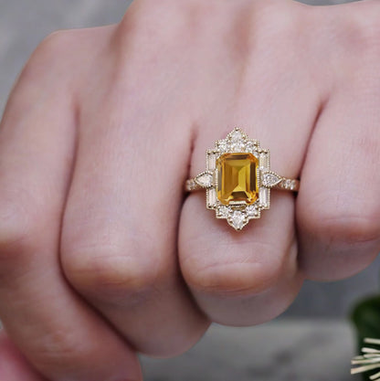 Citrine Emerald Cut Ring Art Deco Handmade Octagon Gemstone Engagement Ring Personalized Jewelry Gift