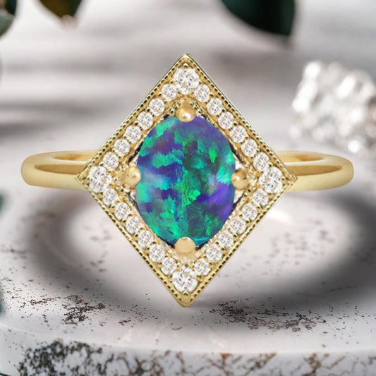 Vintage Black Opal Wedding Ring Unique Oval Shape Black Opal Engagement Ring Antique Moissanite Bridal Ring Promise Ring Anniversary Gift Ring