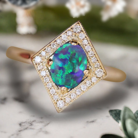 Vintage Black Opal Wedding Ring Unique Oval Shape Black Opal Engagement Ring Antique Moissanite Bridal Ring Promise Ring Anniversary Gift Ring