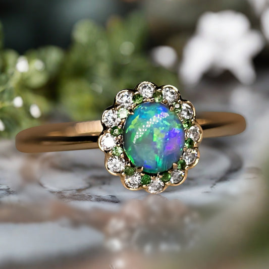Art Deco Halo Black Opal Engagement ring, Oval Black Opal Cabochon Promise Ring with Moissanite Halo, October Birthstone