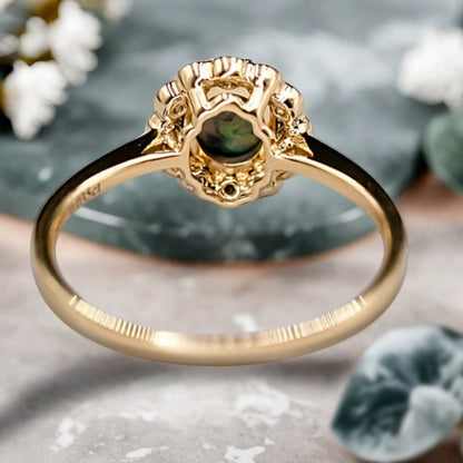 Art Deco Halo Black Opal Engagement ring, Oval Black Opal Cabochon Promise Ring with Moissanite Halo, October Birthstone