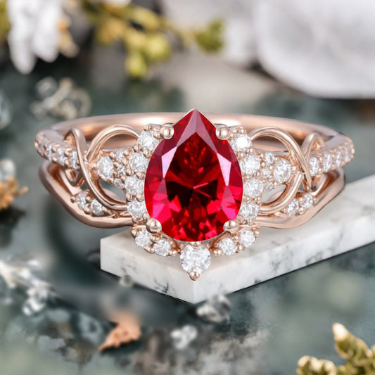 Vintage Ruby Ring Set Unique Pear Cut Engagement Moissanite Cluster Wedding Promise Ring Set For Women Delicate Gemstone Ring