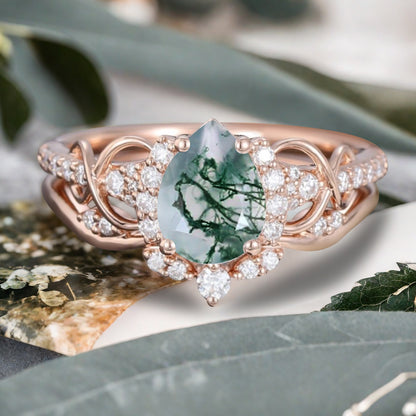 Vintage Moss Agate Ring Set Unique Pear Cut Engagement Moissanite Cluster Wedding Promise Ring Set For Women Delicate Gemstone Ring