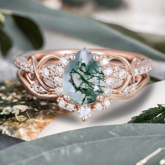 Vintage Moss Agate Ring Set Unique Pear Cut Engagement Moissanite Cluster Wedding Promise Ring Set For Women Delicate Gemstone Ring