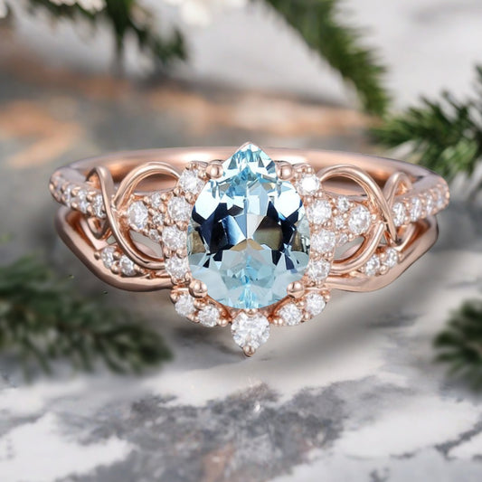 Vintage Aquamarine Ring Set Unique Pear Cut Engagement Moissanite Cluster Wedding Promise Ring Set For Women Delicate Gemstone Ring