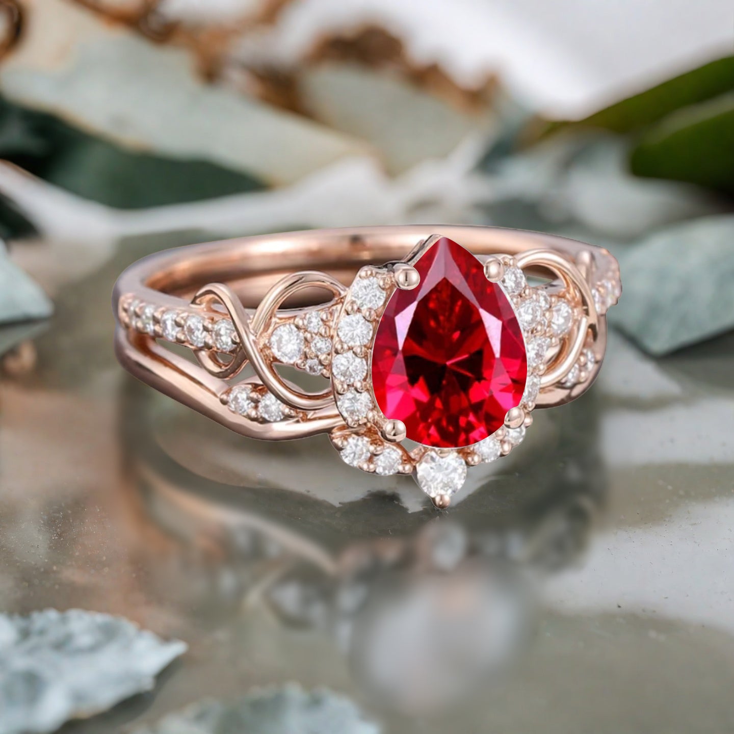 Vintage Ruby Ring Set Unique Pear Cut Engagement Moissanite Cluster Wedding Promise Ring Set For Women Delicate Gemstone Ring
