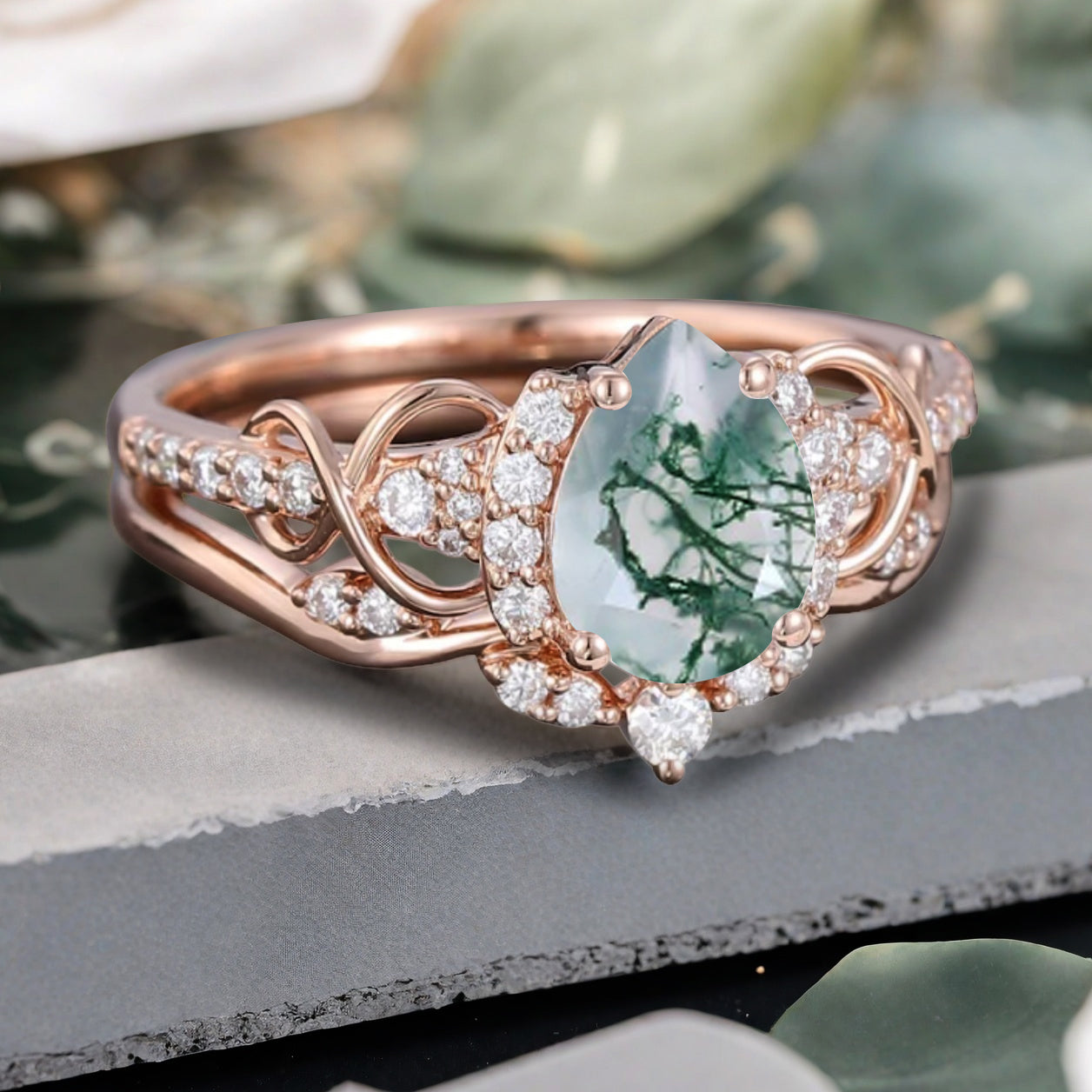 Vintage Moss Agate Ring Set Unique Pear Cut Engagement Moissanite Cluster Wedding Promise Ring Set For Women Delicate Gemstone Ring