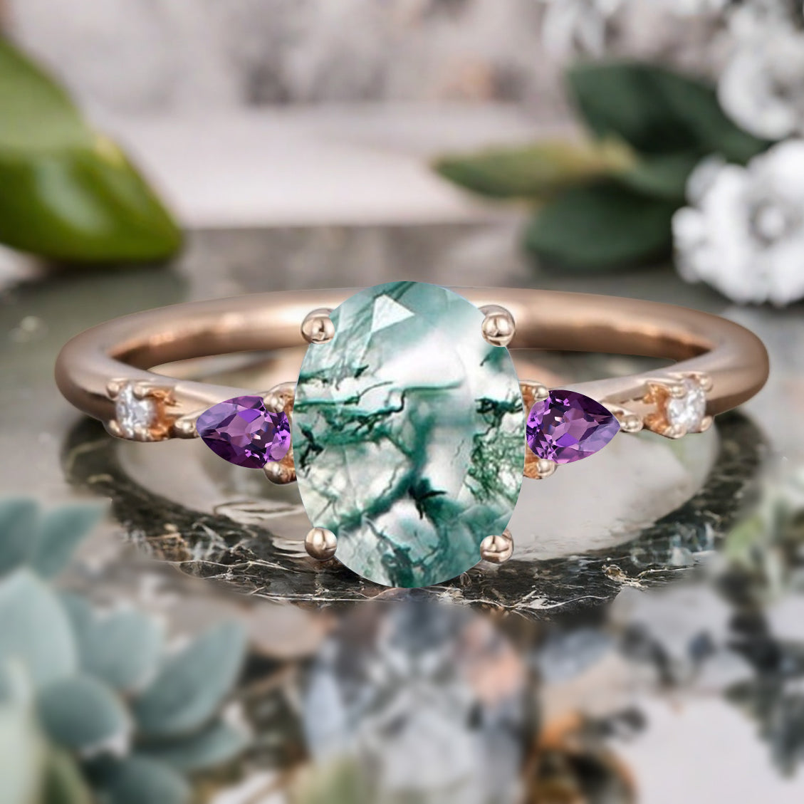 Vintage Oval Cut Moss Agate Ring Unique Amethyst Engagement Ring Leaf-like Gemstone Wedding Statement Ring Gift For Her