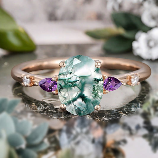 Vintage Oval Cut Moss Agate Ring Unique Amethyst Engagement Ring Leaf-like Gemstone Wedding Statement Ring Gift For Her