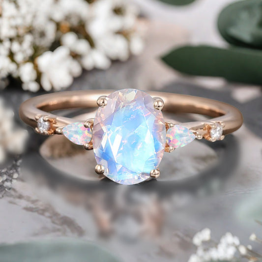 Vintage Oval Cut Moonstone Ring Unique Moonstone Engagement Ring Moon-like Gemstone Wedding Statement Ring Gift For Her