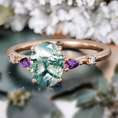 Vintage Oval Cut Moss Agate Ring Unique Amethyst Engagement Ring Leaf-like Gemstone Wedding Statement Ring Gift For Her