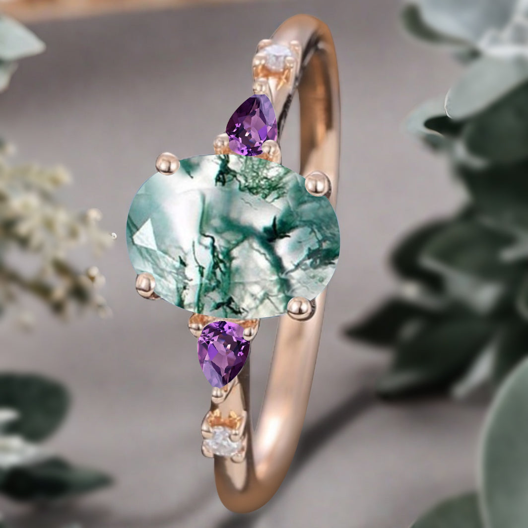 Vintage Oval Cut Moss Agate Ring Unique Amethyst Engagement Ring Leaf-like Gemstone Wedding Statement Ring Gift For Her