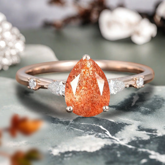 Pear Sunstone Engagement Ring in Rose Gold with Moissanite Accents | 3 Prong Dainty Pear Cut Sunstone Bridal Ring | Unique Gift for Her