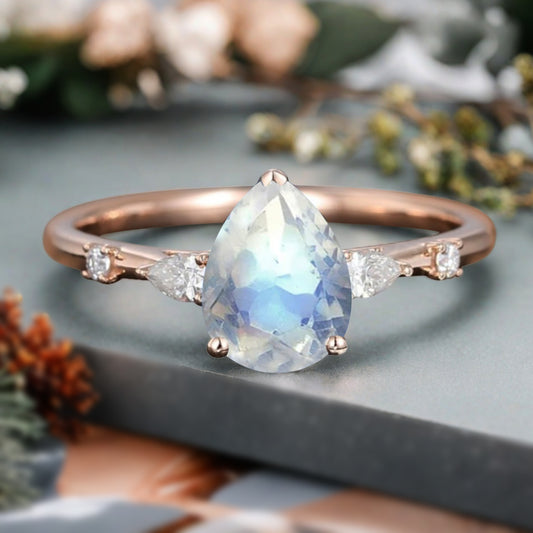 Pear Moonstone Engagement Ring in Rose Gold with Moissanite Accents | 3 Prong Dainty Pear Cut Moonstone Bridal Ring | Unique Gift for Her
