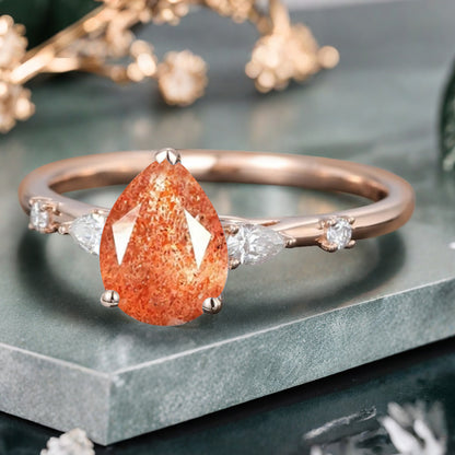 Pear Sunstone Engagement Ring in Rose Gold with Moissanite Accents | 3 Prong Dainty Pear Cut Sunstone Bridal Ring | Unique Gift for Her