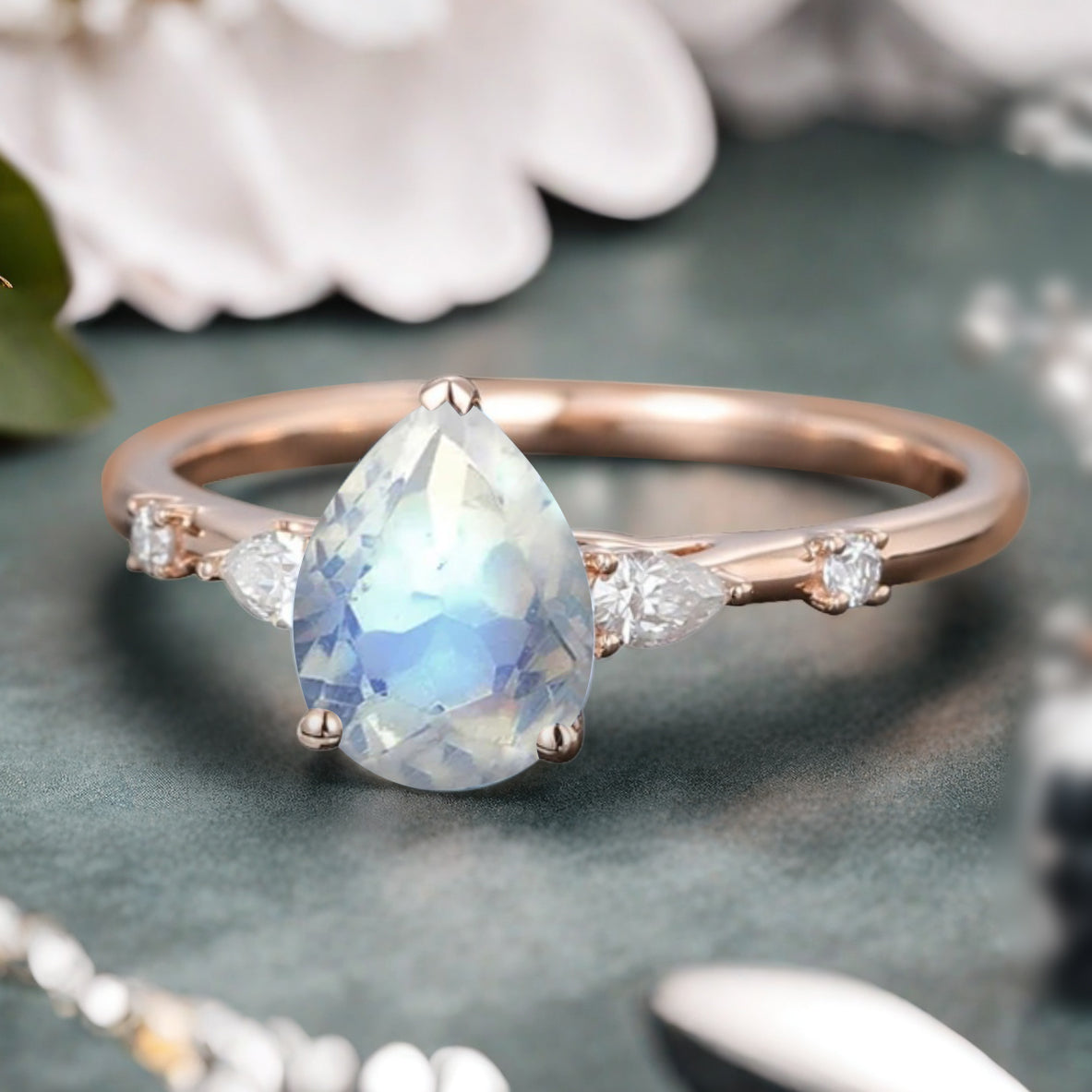Pear Moonstone Engagement Ring in Rose Gold with Moissanite Accents | 3 Prong Dainty Pear Cut Moonstone Bridal Ring | Unique Gift for Her