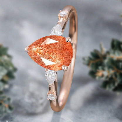 Pear Sunstone Engagement Ring in Rose Gold with Moissanite Accents | 3 Prong Dainty Pear Cut Sunstone Bridal Ring | Unique Gift for Her