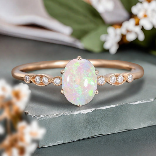 Vintage Oval Cut Opal Engagement Ring Unique Moissanite Wedding Ring Art Deco Rose Gold Ring Dainty Bridal Ring Anniversary Gift Ring