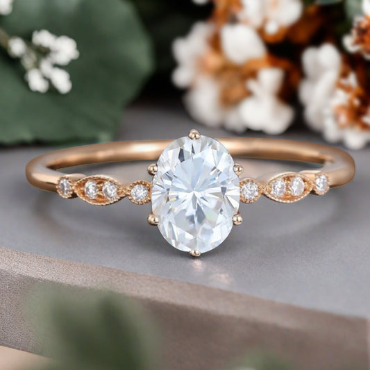 Vintage Oval Cut Moissanite Engagement Ring Unique Moissanite Wedding Ring Art Deco Rose Gold Ring Dainty Bridal Ring Anniversary Gift Ring