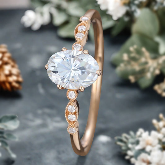 Vintage Oval Cut Moissanite Engagement Ring Unique Moissanite Wedding Ring Art Deco Rose Gold Ring Dainty Bridal Ring Anniversary Gift Ring