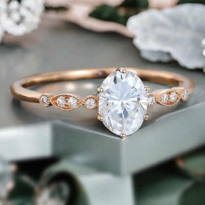 Vintage Oval Cut Moissanite Engagement Ring Unique Moissanite Wedding Ring Art Deco Rose Gold Ring Dainty Bridal Ring Anniversary Gift Ring