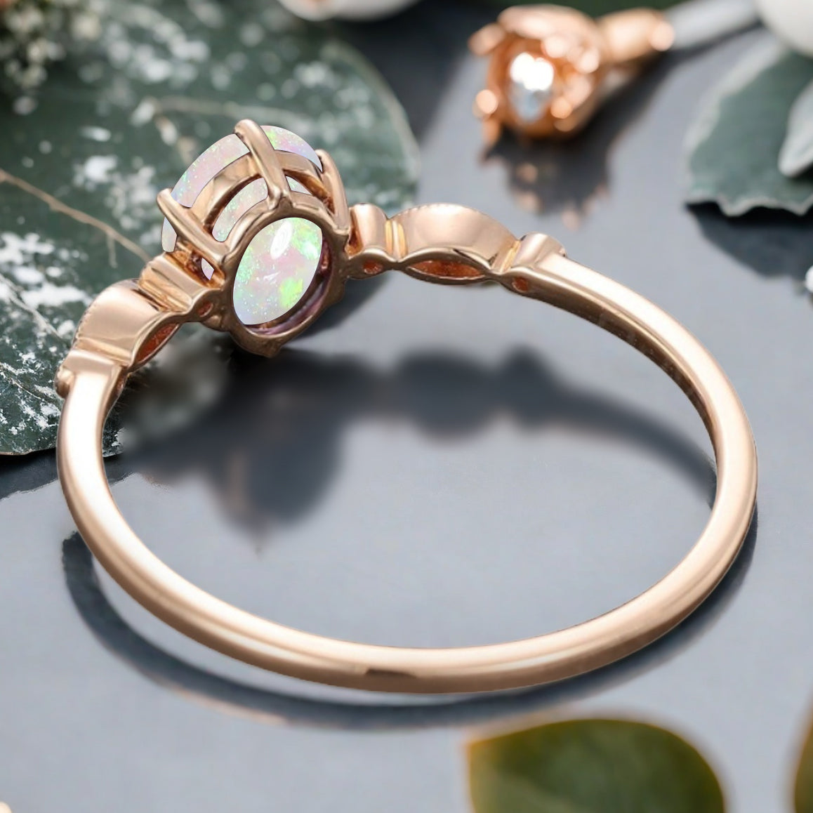 Vintage Oval Cut Opal Engagement Ring Unique Moissanite Wedding Ring Art Deco Rose Gold Ring Dainty Bridal Ring Anniversary Gift Ring