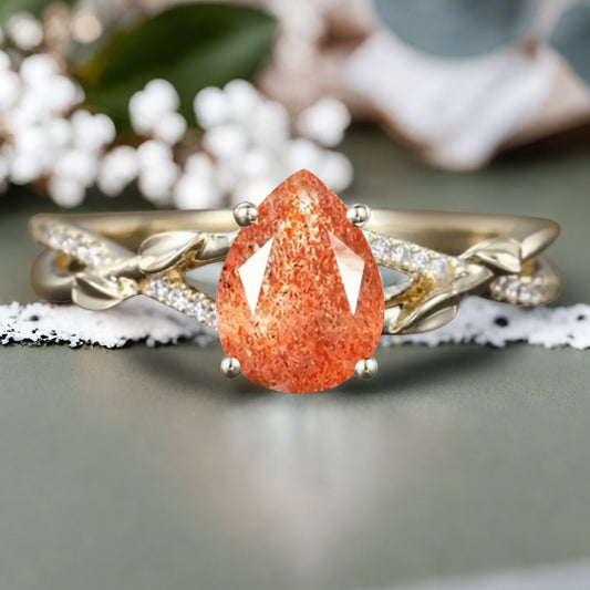 Vintage Unique Sunstone Ring 14K Solid Gold Pear Cut Orange Gemstone Engagement Ring Moissanite Promise Ring Anniversary Gift For Women