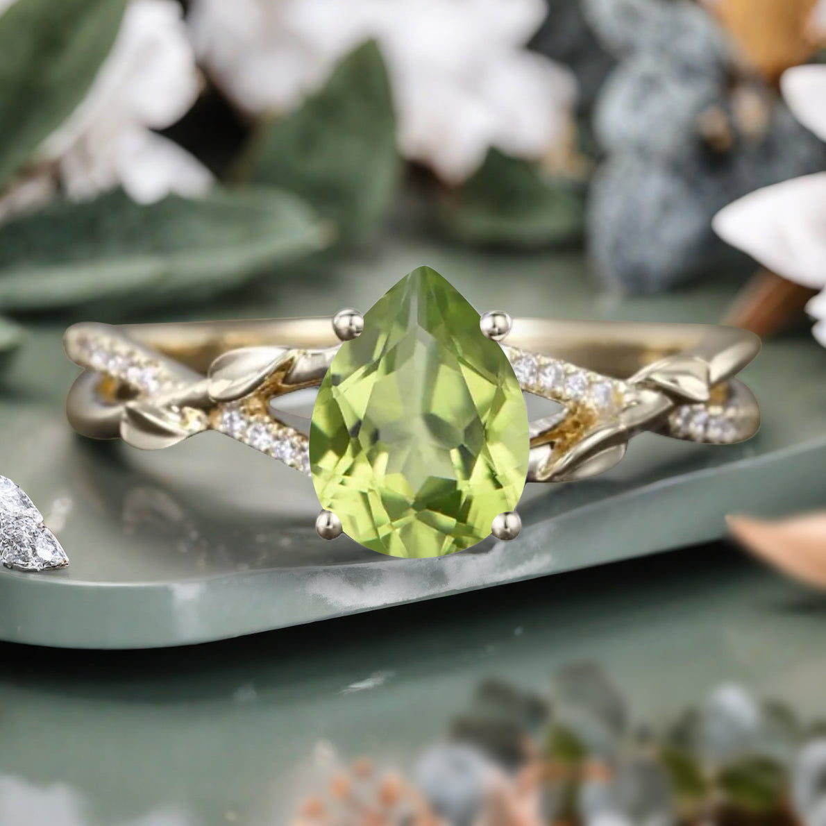 Vintage Unique Peridot Ring 14K Solid Gold Pear Cut Green Gemstone Engagement Ring Moissanite Promise Ring Anniversary Gift For Women