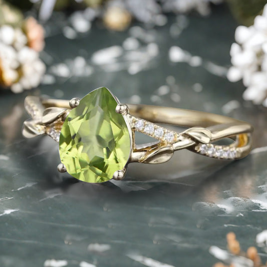 Vintage Unique Peridot Ring 14K Solid Gold Pear Cut Green Gemstone Engagement Ring Moissanite Promise Ring Anniversary Gift For Women