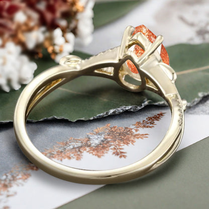 Vintage Unique Sunstone Ring 14K Solid Gold Pear Cut Orange Gemstone Engagement Ring Moissanite Promise Ring Anniversary Gift For Women