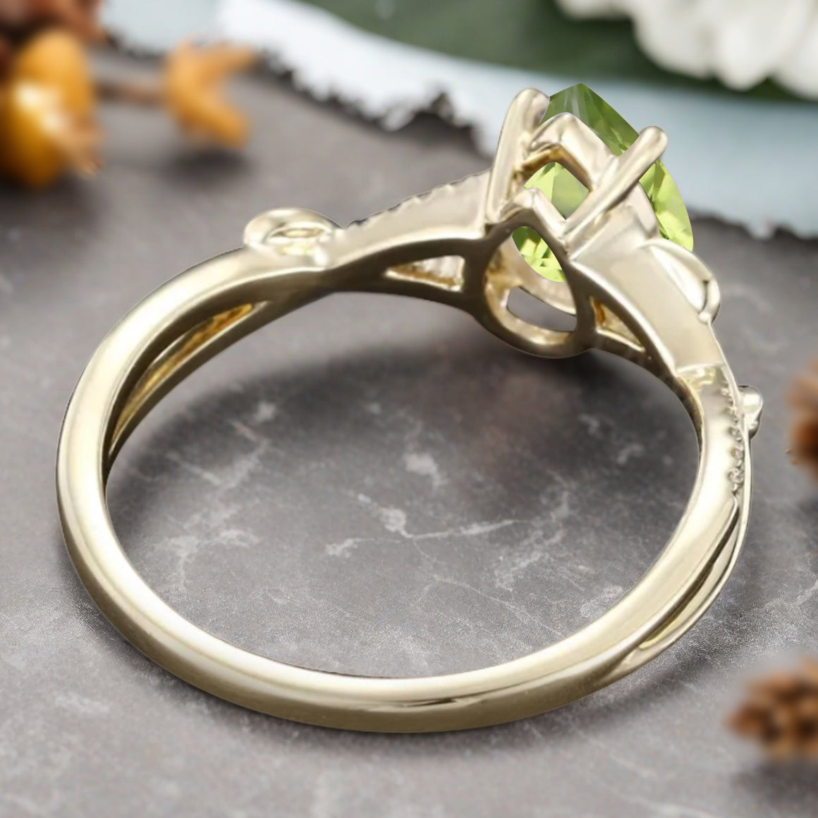 Vintage Unique Peridot Ring 14K Solid Gold Pear Cut Green Gemstone Engagement Ring Moissanite Promise Ring Anniversary Gift For Women