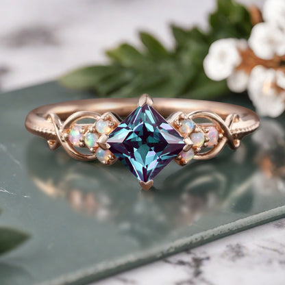 Princess Cut alexandrite engagement ring Rose gold alexandrite wedding ring Dainty diamond bridal ring Twist promise ring Marriage ring Anniversary ring