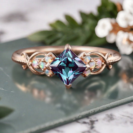 Princess Cut alexandrite engagement ring Rose gold alexandrite wedding ring Dainty diamond bridal ring Twist promise ring Marriage ring Anniversary ring